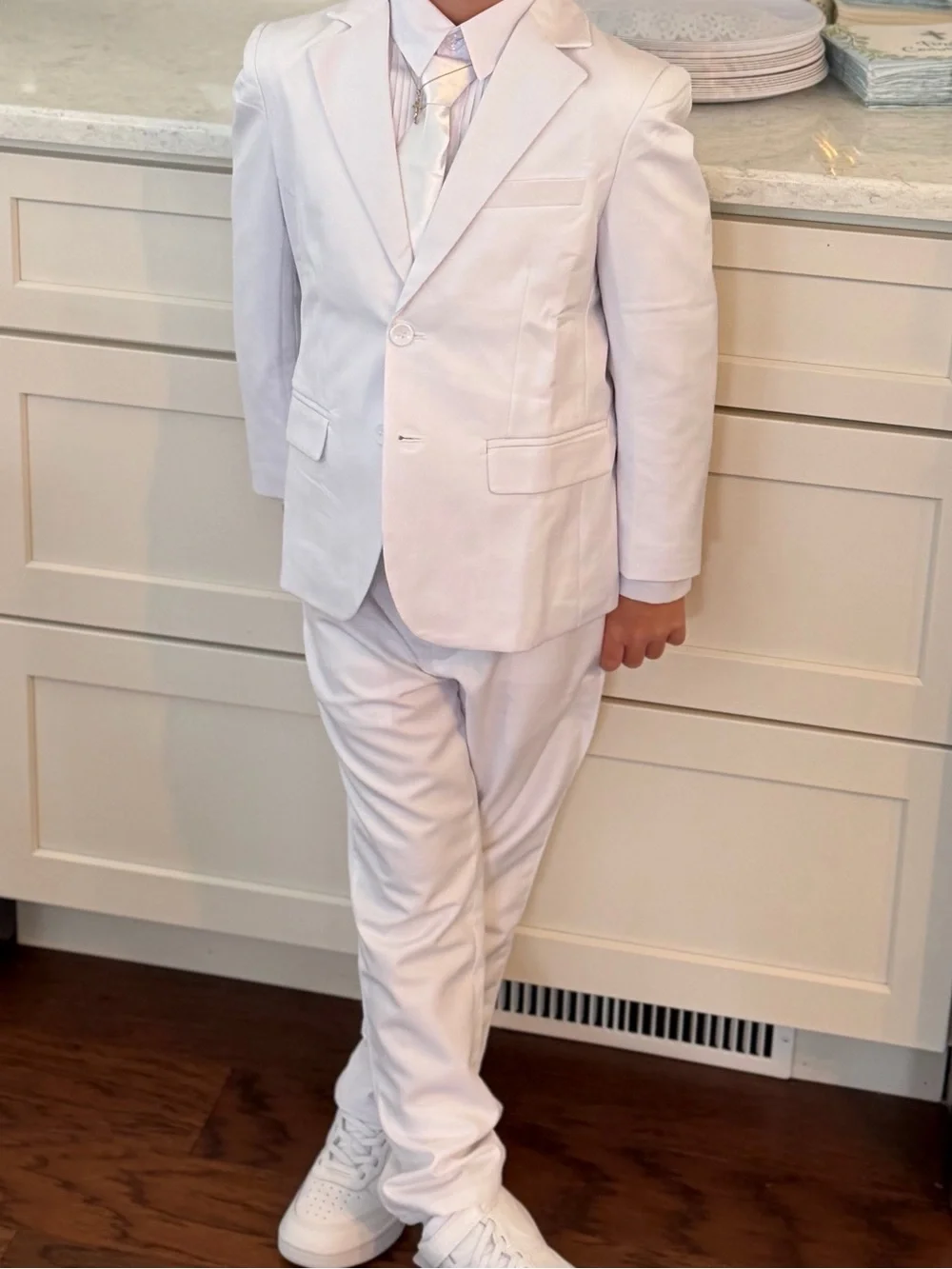 Boys White Formal Tuxedo Suit with Vest and Tie